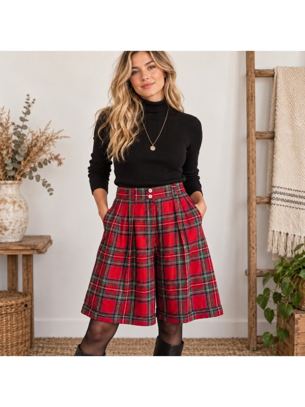 Vintage Alfred Sung Linen Plaid Bermuda Shorts S